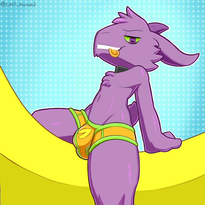 1:1 anthro banana bovid bulge caprine clothing condom condom_in_mouth eyeball6300_(chiv) food fruit fur goat green_sclera hi_res looking_at_viewer male mammal plant purple_body purple_eyes purple_fur purple_skin sexual_barrier_device sitting smile smiling_at_viewer solo underwear yagi_(scotch)