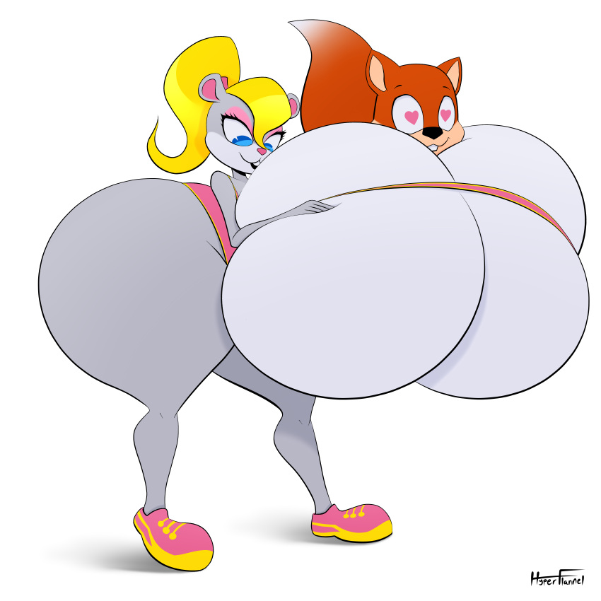 &lt;3 &lt;3_eyes 1:1 absurd_res anthro berri between_breasts big_breasts big_butt blonde_hair breasts butt clothed clothing conker conker's_bad_fur_day duo female footwear grey_body hair hi_res huge_breasts huge_butt huge_thighs hyper hyper_breasts hyper_butt hyper_thighs hyperflannel ineffective_clothing male male/female mammal orange_body rareware rodent sciurid shoes thick_thighs video_games