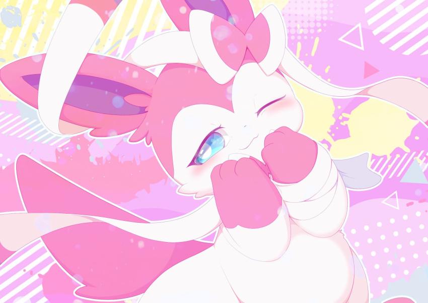 3_fingers :3 abstract_background ambiguous_gender anthro anthrofied biped blue_eyes blush bow_(feature) canid colored digital_media_(artwork) ear_bow eeveelution fingers front_view fur glistening glistening_eyes gloves_(marking) half-length_portrait hi_res hirochanu kemono looking_at_viewer mammal markings monotone_ears monotone_tail neck_bow nintendo nude one_eye_closed paws pink_body pink_ears pink_fur pink_tail pok&eacute;mon pok&eacute;mon_(species) pok&eacute;morph portrait pupils purple_inner_ear ribbons ribbons_(anatomy) semi-anthro shaded smile solo sylveon video_games white_body white_fur white_pupils white_ribbon wink