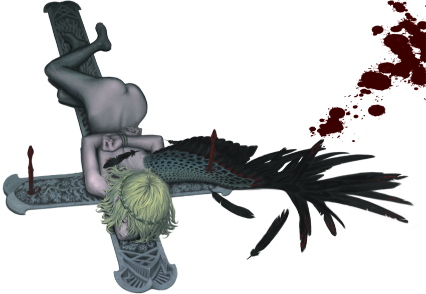 1girl angel ass black_feathers black_wings bleeding blonde_hair blood blood_on_back blood_splatter bloody_wings bound bound_wrists chiki_(botugo) closed_mouth comple cross crucifixion feathered_wings feathers flower flower_wreath hair_over_one_eye nude original pink_lips red_eyes short_hair simple_background single_wing solo white_background white_flower wings