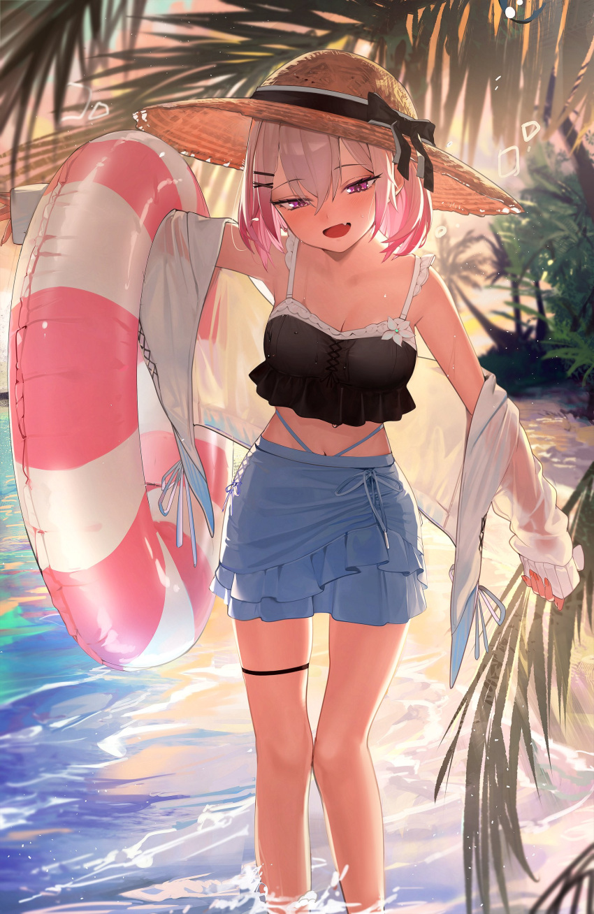 1girl absurdres bangs blue_skirt blush bow breasts cleavage commission crop_top cyberlive evening gradient_hair grey_hair hair_between_eyes hair_ornament hairclip half-closed_eyes hat hat_bow highres hiiragi_mikoto holding holding_innertube iekushi_chapipi innertube jacket long_sleeves medium_breasts multicolored_hair open_clothes open_jacket outdoors pink_hair purple_eyes see-through short_hair skeb_commission skirt solo standing thigh_strap virtual_youtuber wading water wet wet_clothes white_jacket