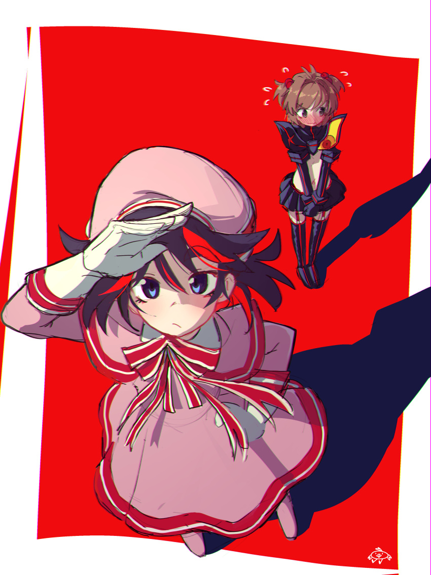 2girls absurdres black_hair blue_eyes blush brown_hair cardcaptor_sakura cosplay covering crossover dress embarrassed gloves highres jean_bomjan kill_la_kill kinomoto_sakura kinomoto_sakura_(cosplay) matoi_ryuuko matoi_ryuuko_(cosplay) multicolored_hair multiple_girls pink_dress red_hair white_gloves