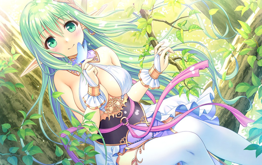 1girl anastigal_elmar_engel_berglund artist_request branch breasts bridal_gauntlets bug butterfly cleavage dress earrings elf green_eyes green_hair hand_on_own_chest in_tree iris_mysteria! jewelry large_breasts leaf long_hair outdoors pointy_ears single_earring sitting sitting_on_branch sleeveless sleeveless_dress smile solo thighhighs thighs tree very_long_hair white_dress white_thighhighs