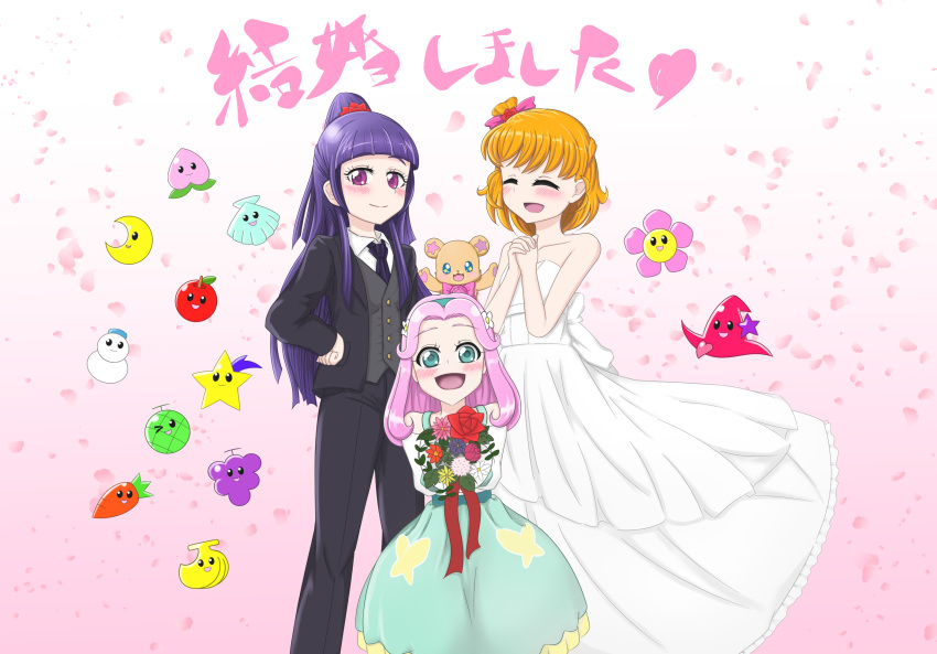 asahina_mirai falling_petals hanami_kotoha highres izayoi_liko linkle_fruit mofurun_(mahou_girls_precure!) mozzarella_police petals tuxedo wedding wife_and_wife