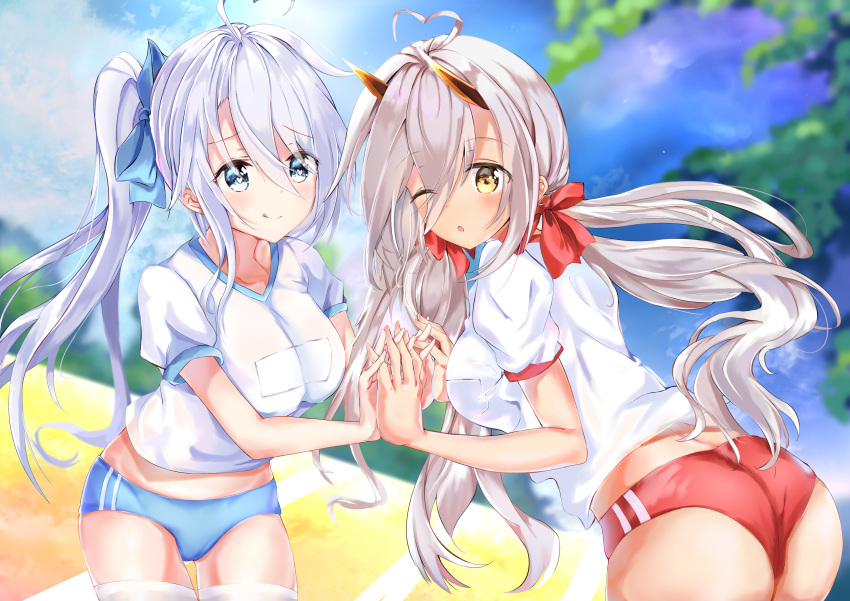 2girls :q absurdres ahoge alternate_costume ass azur_lane bangs blue_bow blue_buruma blue_eyes blurry blurry_background blush bow breasts buruma closed_eyes closed_mouth commentary_request cowboy_shot dark-skinned_female dark_skin eyes_visible_through_hair gym_uniform hair_between_eyes hair_bow heart heart-shaped_pupils heart_ahoge highres holding_hands horns indianapolis_(azur_lane) large_breasts long_hair looking_at_viewer maddo_(gasser_0518) mechanical_horns multiple_girls open_mouth portland_(azur_lane) red_bow red_buruma shirt siblings side_ponytail sisters smile symbol-shaped_pupils thighhighs tongue tongue_out twintails upper_body very_long_hair white_shirt white_thighhighs yellow_eyes