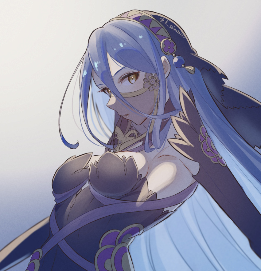 1girl azura_(fire_emblem) black_dress black_sleeves breasts detached_sleeves dress fire_emblem fire_emblem_fates floating_hair grey_background highres karashino long_hair mouth_veil official_alternate_costume parted_lips see-through shiny shiny_hair sideboob small_breasts solo strapless strapless_dress twitter_username upper_body veil very_long_hair yellow_eyes