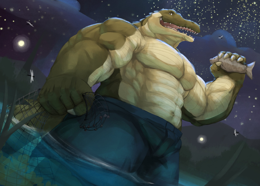 abs absurd_res alligator alligatorid anthro biceps big_muscles bottomwear cinna-tree clothing crocodilian hi_res holding_object male many_teeth muscular muscular_male night open_mouth pecs pupils reptile scalie slit_pupils solo triceps yellow_eyes