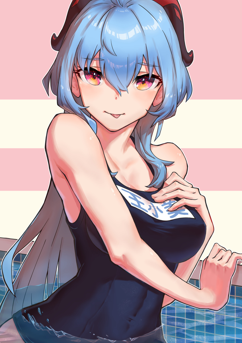 1girl :p absurdres bangs bare_arms bare_shoulders bingshuibiao blue_hair blue_swimsuit breasts clothes_writing commentary ganyu_(genshin_impact) genshin_impact hair_between_eyes hand_on_own_chest highres horns large_breasts long_hair looking_at_viewer one-piece_swimsuit pink_eyes school_swimsuit solo swimsuit tongue tongue_out translation_request upper_body very_long_hair wading water