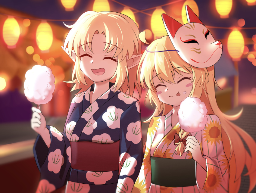 2girls :p bangs blonde_hair breasts brown_sash closed_eyes closed_mouth commentary_request cookie_(touhou) cotton_candy festival floral_print fox_mask green_sash highres inabahitomi japanese_clothes joker_(cookie) kimono kirisame_marisa lantern long_hair mask mask_on_head mizuhashi_parsee multiple_girls obi open_mouth paper_lantern parted_bangs pointy_ears print_kimono sash short_hair small_breasts smile sunflower_print suzu_(cookie) tongue tongue_out touhou upper_body yukata