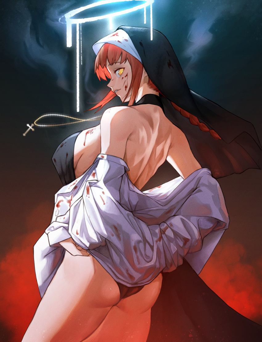1girl absurdres adjusting_clothes adjusting_panties alternate_costume ass black_panties blood blood_on_clothes blood_on_face braid braided_ponytail breasts chainsaw_man cross cross_necklace from_behind habit halo highres hymin jewelry large_breasts looking_back makima_(chainsaw_man) medibang_paint_(medium) medium_hair necklace off_shoulder open_clothes open_shirt orange_hair panties ringed_eyes shoulder_blades sideboob solo standing underwear yellow_eyes