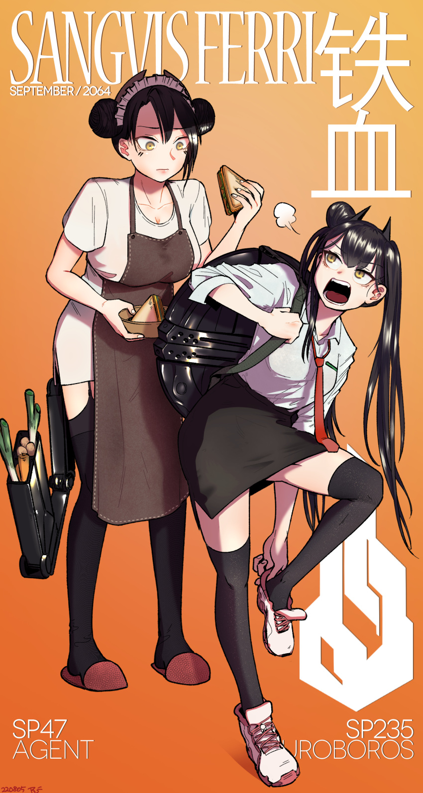 absurdres agent_(girls'_frontline) apron asymmetrical_hair black_hair double_bun food garter_belt girls'_frontline hair_bun highres holding holding_food horns necktie ouroboros_(girls'_frontline) pencil_skirt putting_on_shoes radish_p red_eyes red_necktie sandwich sangvis_ferri shirt skirt slippers thighhighs twintails white_shirt