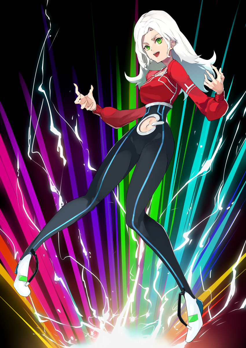 1girl absurdres cable clothing_cutout dive_to_zone electricity fingernails green_eyes high_heels highres ibaraki_shun long_fingernails long_hair navel navel_cutout open_mouth pink_nails power_symbol smile solo sparks teeth tongue upper_teeth white_footwear white_hair