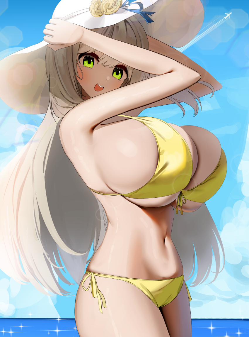 1girl absurdres aircraft airplane bikini blue_archive breasts cleavage flower front-tie_top glint green_eyes hat hat_flower highres horizon huge_breasts jet light_brown_hair long_hair looking_at_viewer navel nicorima nonomi_(blue_archive) nonomi_(swimsuit)_(blue_archive) ocean official_alternate_costume side-tie_bikini sky solo sun_hat swimsuit very_long_hair yellow_bikini