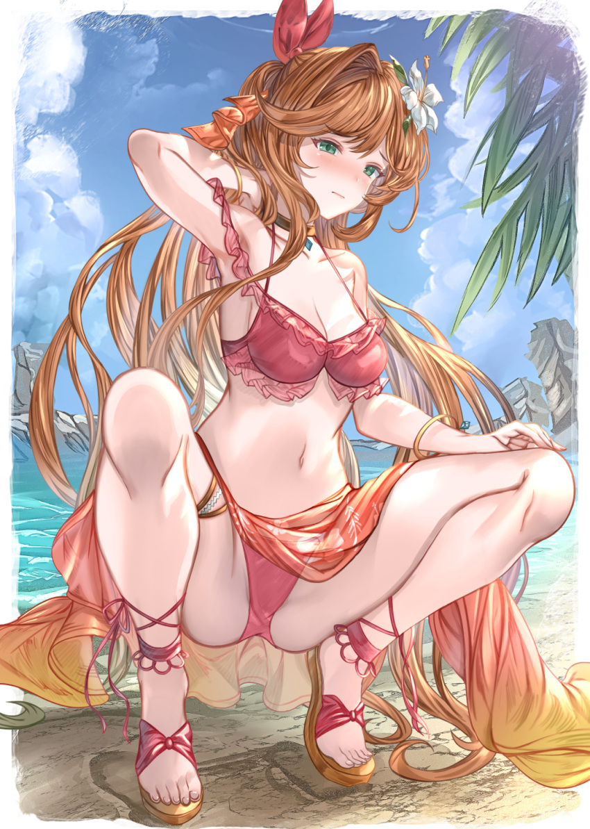 1girl aldehyde aqua_eyes bangs bare_shoulders beach bikini blush breasts clarisse_(granblue_fantasy) cleavage collarbone granblue_fantasy highres long_hair looking_at_viewer medium_breasts navel orange_hair red_bikini solo squatting swimsuit