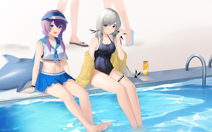 2girls :d absurdres arknights bare_arms bare_legs bare_shoulders barefoot black_swimsuit blue_eyes blue_skirt breasts cleavage closed_mouth covered_navel crop_top crop_top_overhang grey_hair hair_over_shoulder hair_ribbon halterneck highres inflatable_dolphin inflatable_toy jacket large_breasts long_hair long_sleeves looking_at_viewer low_twintails medium_breasts midriff miniskirt multiple_girls navel off_shoulder one-piece_swimsuit open_clothes open_jacket open_mouth pleated_skirt poolside purestream_(arknights) purple_hair red_eyes ribbon sailor_collar sailor_shirt shirt skirt sleeveless sleeveless_shirt smile soaking_feet stomach swimsuit thigh_strap thighs twintails visor_cap water weedy_(arknights) white_shirt wristband xiaobei yellow_jacket