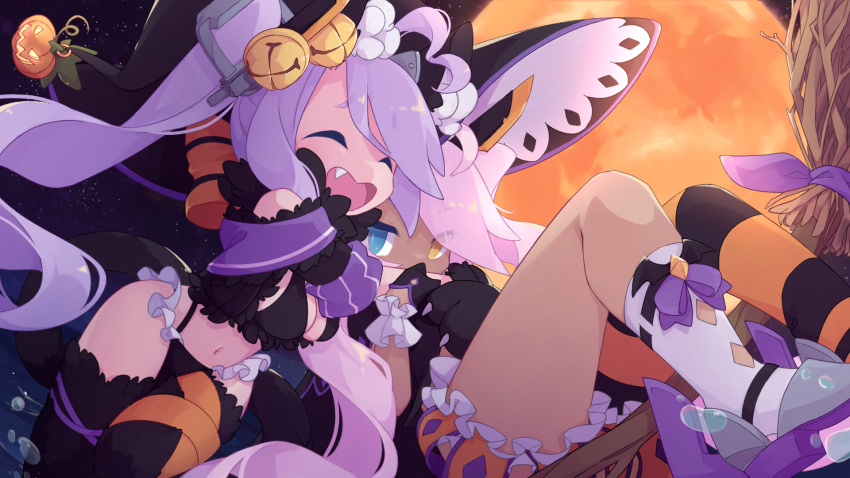 ahoge alternate_costume animal_hands azur_lane bangs bell bikini black_bikini black_headwear black_pantyhose black_thighhighs blue_eyes blush breasts cat_tail cleavage closed_eyes commentary_request dark-skinned_female dark_skin fang foot_out_of_frame fur_thighhighs gloves hair_bell hair_ornament halloween hat heart heart_ahoge heterochromia highres hug indianapolis_(azur_lane) jack-o'-lantern jingle_bell large_breasts long_hair looking_at_viewer moon navel open_mouth orange_moon orange_pantyhose orange_ribbon pantyhose paw_gloves pink_hair portland_(azur_lane) purple_hair ribbon siblings side_ponytail single_leg_pantyhose sisters smile spamaroo striped striped_pantyhose swimsuit tail thighhighs very_long_hair witch_hat yellow_eyes