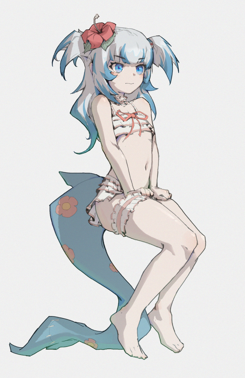 1girl absurdres bare_shoulders barefoot blue_eyes blue_hair blush choker chunkyeggy closed_mouth collarbone film_grain fish_tail flower frilled_choker frilled_swimsuit frills gawr_gura grey_background grey_hair hair_flower hair_ornament highres hololive hololive_english long_hair multicolored_hair navel orange_ribbon pink_choker red_flower ribbon shark_tail short_twintails simple_background sitting solo stitches streaked_hair swimsuit tail twintails virtual_youtuber wavy_mouth