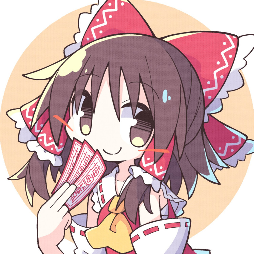 1girl asameshi ascot blush_stickers bow brown_eyes brown_hair closed_mouth collarbone commentary detached_sleeves frilled_bow frilled_hair_tubes frills hair_bow hair_over_eyes hair_tubes hakurei_reimu highres holding looking_at_viewer medium_hair profile red_bow red_vest ribbon-trimmed_sleeves ribbon_trim smile solo split_mouth talisman touhou vest white_sleeves yellow_ascot