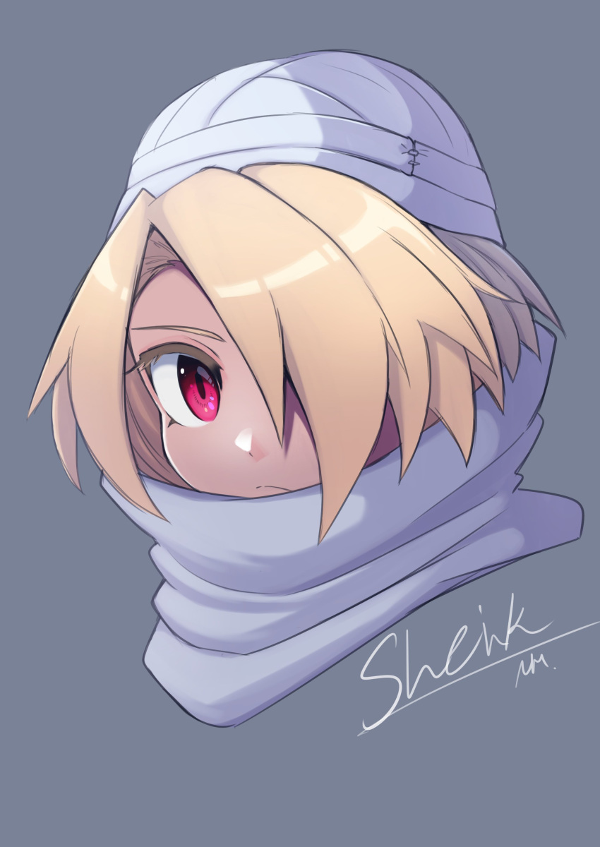 1girl absurdres blonde_hair closed_mouth commentary hair_over_one_eye highres looking_at_viewer red_eyes reverse_trap sheik short_hair simple_background solo supure647 the_legend_of_zelda the_legend_of_zelda:_ocarina_of_time turban