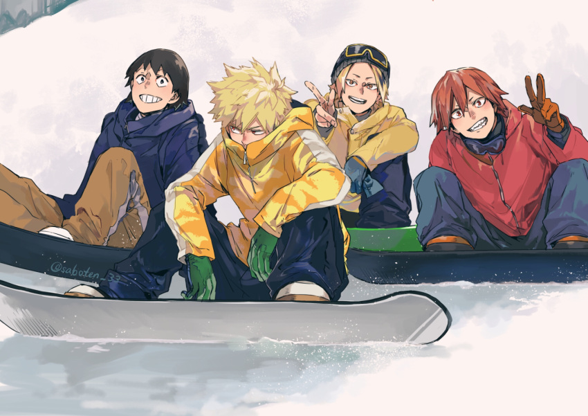 4boys bakugou_katsuki black_hair blonde_hair boku_no_hero_academia brown_gloves coat gloves goggles goggles_on_head green_gloves grin kaminari_denki kirishima_eijirou looking_at_viewer male_focus multiple_boys red_coat red_eyes red_hair saboten_33 sero_hanta sharp_teeth sitting ski_goggles smile snow snowboard snowboarding spiked_hair teeth v yellow_coat