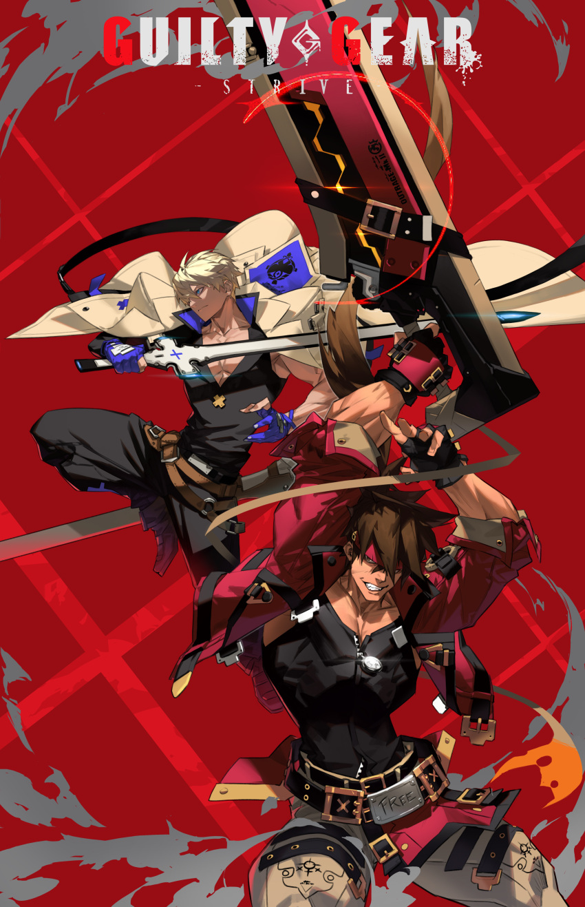 2boys absurdres belt black_belt black_gloves black_pants black_shirt black_tank_top blonde_hair blue_eyes blue_gloves brown_hair cape copyright_name cropped_jacket fingerless_gloves gaak11977 gloves grin guilty_gear guilty_gear_strive headband highres holding holding_sword holding_weapon jacket jewelry junkyard_dog_mk_iii ky_kiske long_hair multiple_boys muscular muscular_male necklace pants partially_fingerless_gloves pectorals red_background red_jacket shirt short_hair smile sol_badguy sword tank_top thunderseal weapon white_cape white_pants