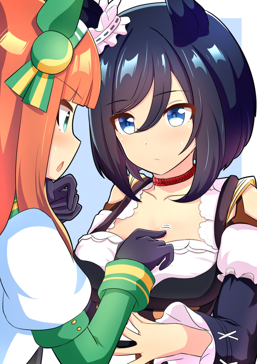 2girls animal_ears aqua_eyes bangs black_gloves black_hair blue_background blue_eyes blunt_bangs breast_awe breast_poke collarbone commentary dirndl ear_covers ear_scrunchie eishin_flash_(umamusume) finger_to_another's_chest german_clothes german_commentary gloves green_sailor_collar hair_ornament hairband highres horse_ears horse_girl long_hair long_sleeves mixed-language_commentary motion_lines multiple_girls orange_hair outside_border poking sailor_collar short_hair silence_suzuka_(umamusume) sweatdrop umamusume white_hairband whitelily_bread