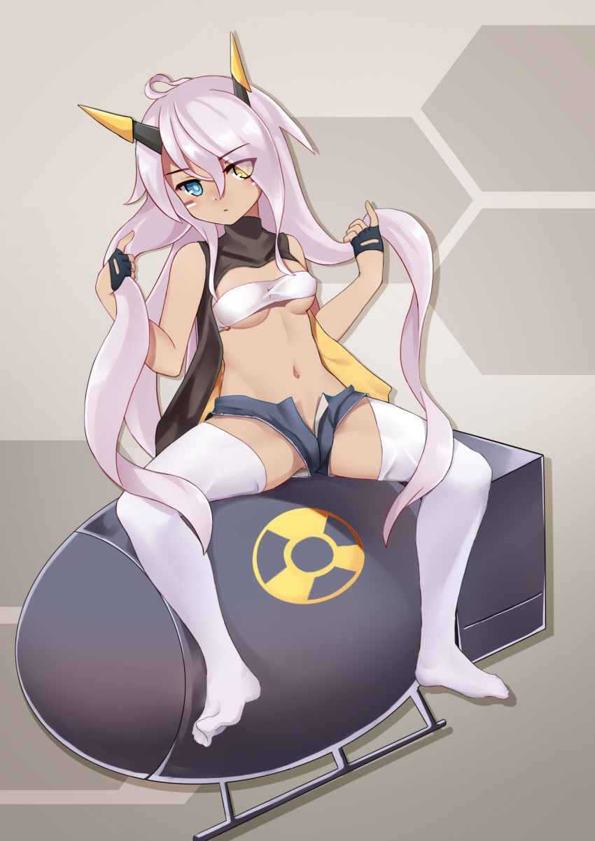 1girl ahoge azur_lane bangs black_gloves blue_eyes blush breasts closed_mouth commentary_request dark-skinned_female dark_skin expressionless eyes_visible_through_hair facepaint full_body gloves grey_shorts hair_between_eyes hand_in_own_hair heart heart_ahoge heterochromia highres horns indianapolis_(azur_lane) long_hair looking_at_viewer mechanical_horns medium_breasts micro_shorts navel no_shoes nuclear_weapon open_fly pink_hair radiation_symbol shorts sitting solo the_hermit thighhighs twintails underboob very_long_hair white_bandeau white_thighhighs yellow_eyes