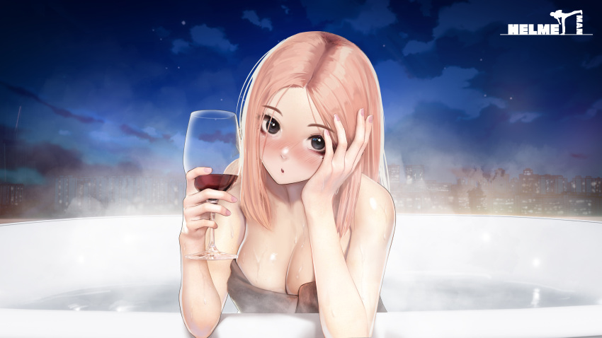 1girl absurdres alcohol black_eyes blonde_hair blush breasts cleavage cloud commentary_request cup drinking_glass hand_on_own_cheek hand_on_own_face hands_up highres holding holding_cup jungon_kim korean_commentary large_breasts long_hair looking_at_viewer mole mole_under_eye nail_polish night nose_blush open_mouth original outdoors partially_submerged pink_nails red_wine solo upper_body water wet wine wine_glass