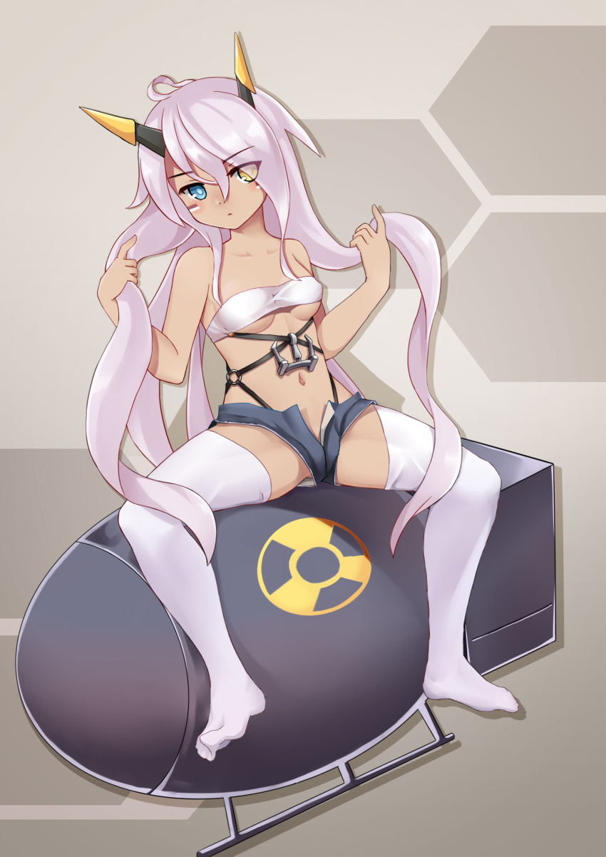 1girl ahoge azur_lane bangs black_gloves blue_eyes blush breasts closed_mouth commentary_request dark-skinned_female dark_skin expressionless eyes_visible_through_hair facepaint full_body gloves grey_shorts hair_between_eyes hand_in_own_hair heart heart_ahoge heterochromia highres horns indianapolis_(azur_lane) long_hair looking_at_viewer mechanical_horns medium_breasts micro_shorts navel no_shoes nuclear_weapon open_fly pink_hair radiation_symbol shorts sitting solo the_hermit thighhighs twintails underboob very_long_hair white_bandeau white_thighhighs yellow_eyes