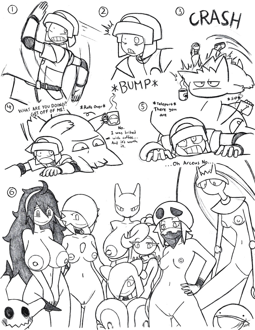 arthropod baby_creeper bandanna beverage big_breasts breasts clothed clothing coffee collar creeper dialogue electrode english_text fan_character female gardevoir gengar hex_maniac holidays insect iron_boy kirlia kiwi_(mutantnight) legendary_pok&eacute;mon mewtwo mimikyu minecraft mutantnight nintendo pheromosa pok&eacute;mon pok&eacute;mon_(species) pussy team_skull team_skull_grunt text tsareena ultra_beast valentine's_day video_games