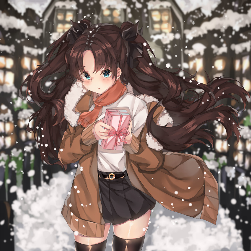 1girl absurdres bangs black_hair black_legwear black_skirt blue_eyes blush brown_jacket commentary english_commentary eyebrows_visible_through_hair fate/stay_night fate_(series) gift hair_ribbon highres holding holding_gift houses jacket kanniepan long_hair looking_at_viewer outdoors parted_bangs pleated_skirt red_scarf ribbon scarf shirt skirt snow solo standing thighhighs tohsaka_rin two_side_up white_shirt window