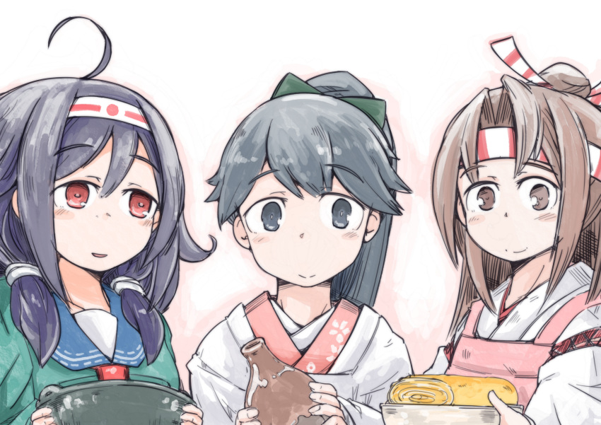 ahoge apron black_eyes black_hair bottle bow brown_eyes brown_hair commentary_request enjaku_izuku eyebrows_visible_through_hair hachimaki hair_between_eyes hair_bow hair_flaps headband highres houshou_(kantai_collection) kantai_collection kappougi low_twintails ponytail red_eyes ryuuhou_(kantai_collection) school_uniform serafuku smile taigei_(kantai_collection) twintails zuihou_(kantai_collection)