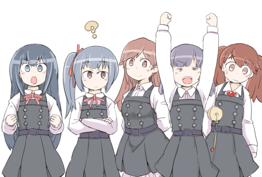 ? arashio_(kantai_collection) arms_behind_back arms_up asashio_(kantai_collection) asashio_(kantai_collection)_(cosplay) black_eyes black_hair brown_eyes brown_hair clenched_hands cosplay crossed_arms dress enjaku_izuku eyes_closed frown hair_ribbon highres kantai_collection kasumi_(kantai_collection) long_hair magatama neck_ribbon odd_one_out ooshio_(kantai_collection) open_mouth pinafore_dress remodel_(kantai_collection) ribbon ryuujou_(kantai_collection) side_ponytail silver_hair smile sweatdrop twintails