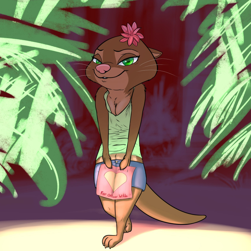 2019 absurd_res anthro barefoot clothed clothing disney female flower fur green_eyes hi_res kris_(zootopia) looking_at_viewer mammal mustelid nemo otter plant shirt shorts smile standing tank_top text whiskers zootopia