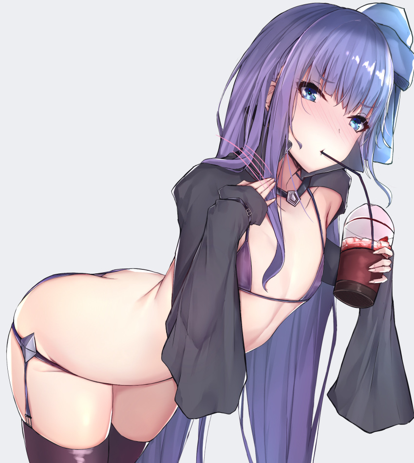 1girl bikini black_coat blue_eyes blue_ribbon breasts butt_crack drinking_straw fate/extra fate/extra_ccc fate_(series) flat_chest highres juliet_sleeves leaning_forward long_hair long_sleeves looking_at_viewer meltlilith micro_bikini puffy_sleeves purple_hair revealing_clothes ribbon sherryqq simple_background soda swimsuit very_long_hair