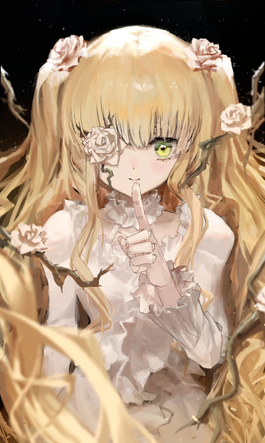 1girl absurdres bangs black_background blonde_hair closed_mouth doll_joints finger_to_mouth flower flower_over_eye green_eyes hair_flower hair_ornament hand_up highres joints kirakishou long_hair long_sleeves looking_at_viewer rose rozen_maiden rsef shirt shushing simple_background smile solo very_long_hair white_flower white_rose white_shirt