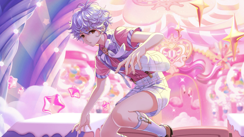 1boy afterl!fe bird blue_hair bow bowtie brown_eyes flamingo highres jamie_(afterl!fe) legwear_garter loafers looking_at_viewer male_focus official_art parted_lips second-party_source shoes short_hair short_sleeves shorts socks solo star_(symbol) teeth