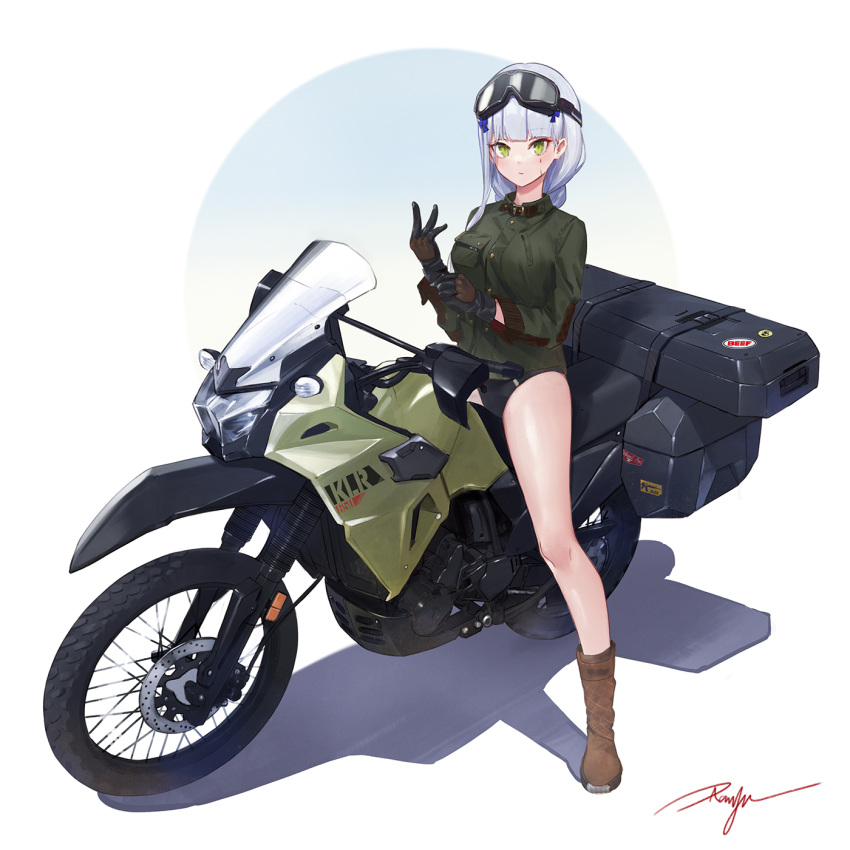 1girl bangs blue_hair blunt_bangs blush boots breasts brown_gloves facial_mark girls'_frontline gloves goggles goggles_on_head green_eyes ground_vehicle hair_ornament highres hk416_(girls'_frontline) long_hair looking_at_viewer motor_vehicle motorcycle ranyu shorts sitting solo