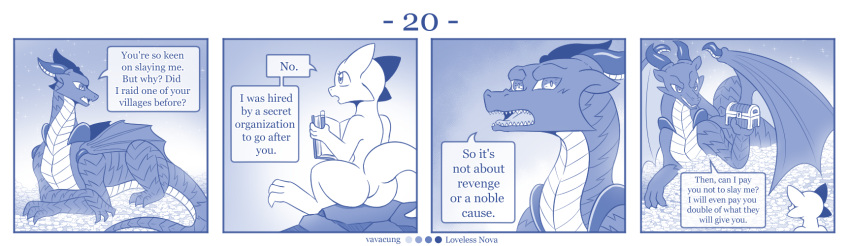 blue_and_white book comic detailed_background dialogue dragon english_text featureless_chest featureless_crotch female feral flat_chested gold_(metal) hi_res horn kobold larger_feral male monochrome pencil_(object) size_difference smaller_female text vavacung wings