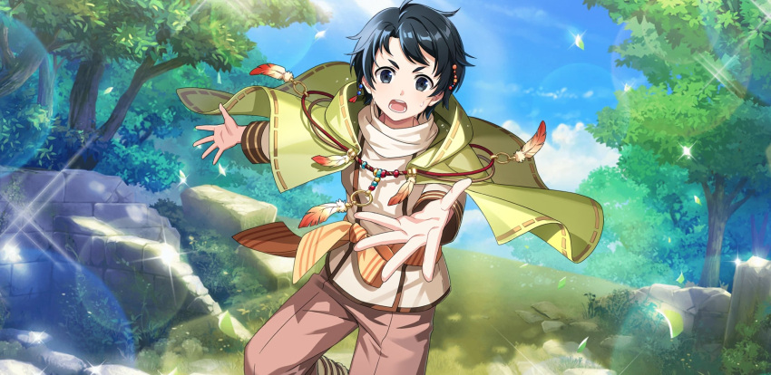 1boy afterl!fe aitachi_(afterl!fe) black_eyes black_hair cape feathers highres hood hood_down hoodie long_sleeves looking_at_viewer male_focus official_art open_mouth outstretched_arm pants second-party_source short_hair solo teeth