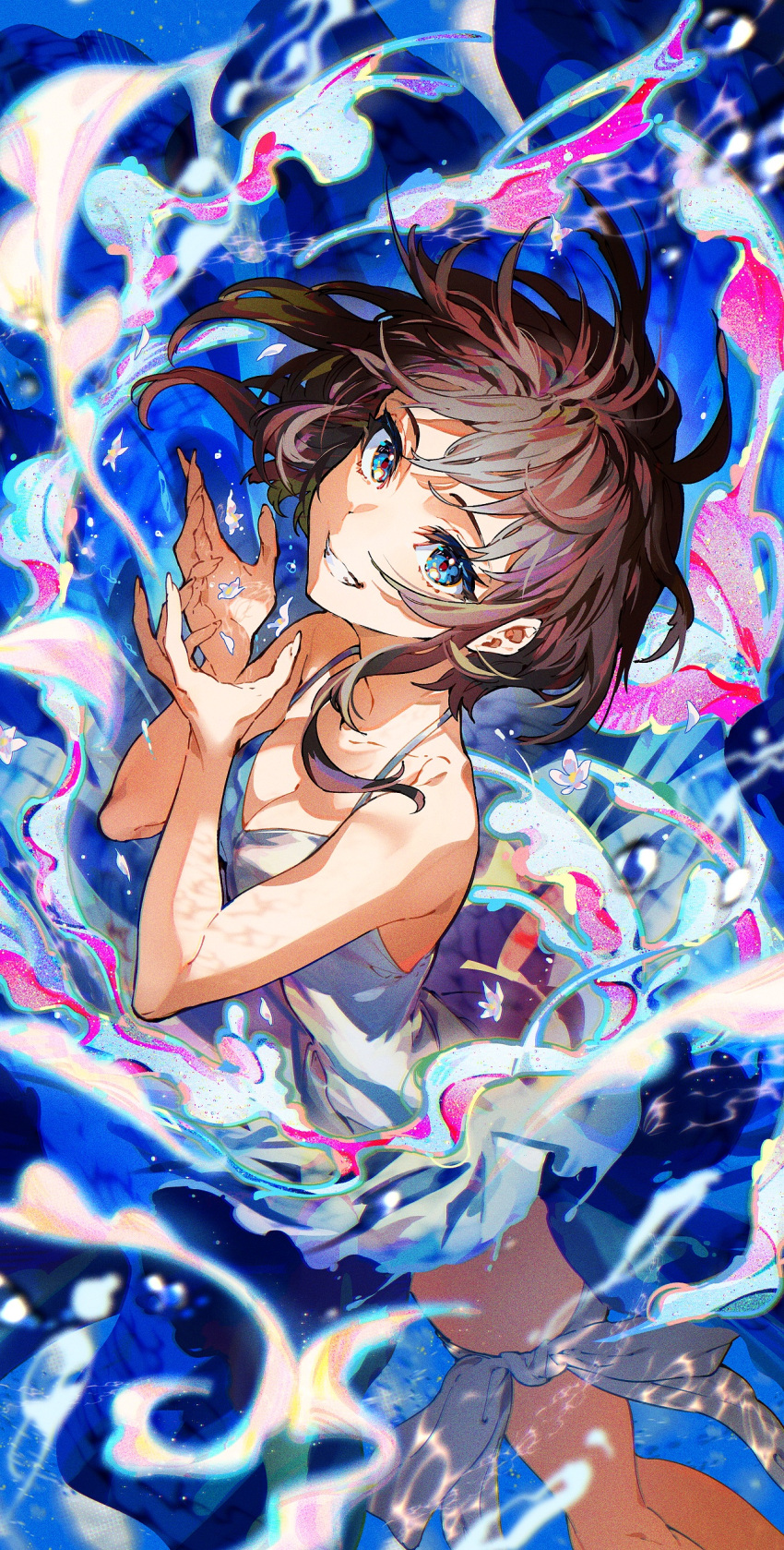1girl absurdres blue_eyes breasts brown_hair cleavage dress floating floating_hair highres looking_at_viewer mika_pikazo original short_hair smile solo sparkle strap teeth white_dress