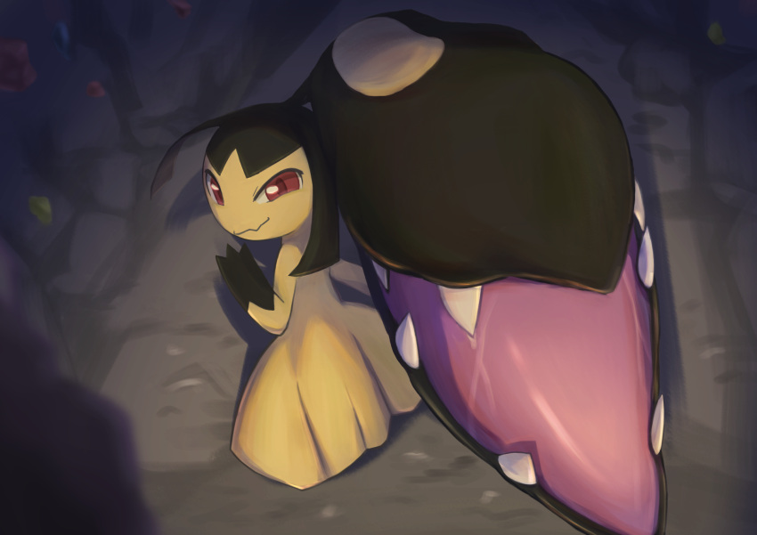 cave_interior closed_mouth commentary_request extra_mouth hand_up highres looking_at_viewer mawile midori_ryoueoru pokemon pokemon_(creature) red_eyes smile solo standing