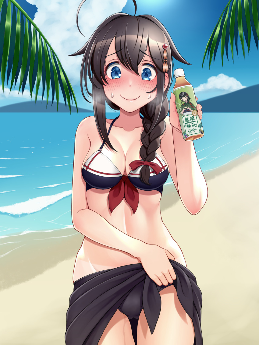 1girl absurdres adapted_costume ahoge beach bikini black_bikini black_hair black_sarong blue_eyes blue_sky braid breasts cleavage cloud commentary_request cowboy_shot day embarrassed hair_flaps hair_ornament hair_over_shoulder highres kantai_collection long_hair medium_breasts official_alternate_costume outdoors palm_leaf product_placement sarong shigure_(kancolle) shigure_kai_ni_(kancolle) single_braid sky solo swimsuit tussy yamashio_maru_(kancolle)