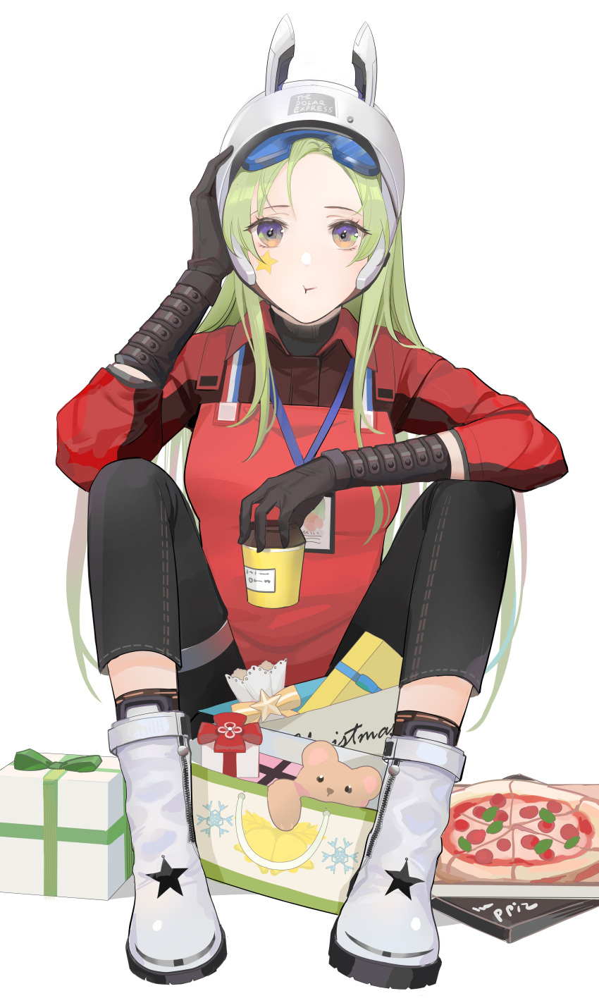 1girl absurdres animal_ears apron bangs black_gloves black_pants blue_eyes boots box breasts chilli_646 christmas closed_mouth coffee_cup cup denim disposable_cup elbow_gloves eyewear_on_head facial_mark fake_animal_ears food fp-6_(girls'_frontline) fp-6_(satellite_of_love)_(girls'_frontline) full_body gift gift_box girls'_frontline gloves green_hair helmet highres holding holding_cup id_card jeans long_hair long_sleeves looking_at_viewer merry_christmas motorcycle_helmet multicolored_eyes official_alternate_costume orange_eyes pants pizza polo_shirt red_apron red_shirt safety_glasses shirt sitting socks solo star_(symbol) star_facial_mark star_tattoo tattoo toy white_background white_footwear white_helmet