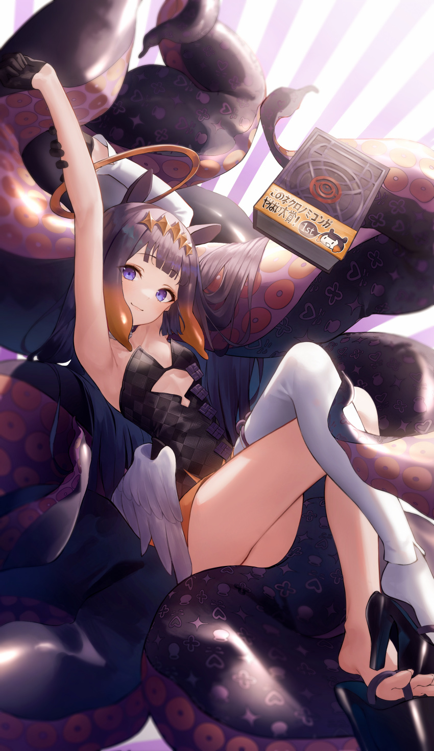 1girl absurdres armpits arms_up bare_arms black_dress black_footwear book breasts clothing_cutout crossed_legs detached_sleeves dress halo highres hololive hololive_english kerno long_hair low_wings ninomae_ina'nis platform_footwear purple_eyes purple_hair single_sleeve single_thighhigh small_breasts smile solo strapless strapless_dress tentacle_hair tentacles thighhighs toes virtual_youtuber white_thighhighs white_wings wings