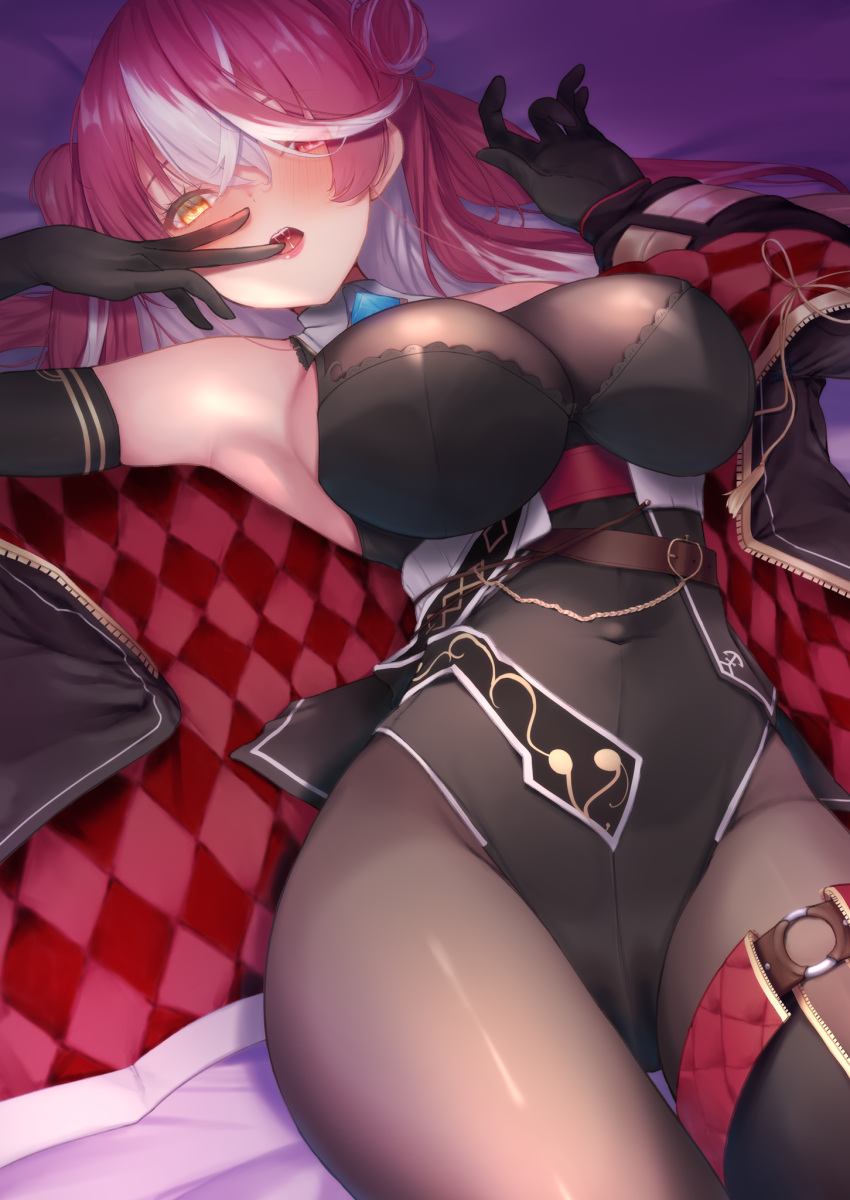 1girl armpits blush breasts covered_navel double_bun gloves hair_bun hair_over_one_eye heterochromia highres hololive houshou_marine ichi-go jacket large_breasts leotard long_hair lying multicolored_hair official_alternate_costume official_alternate_hairstyle on_back open_mouth pantyhose red_eyes red_hair saliva solo streaked_hair virtual_youtuber white_hair yellow_eyes