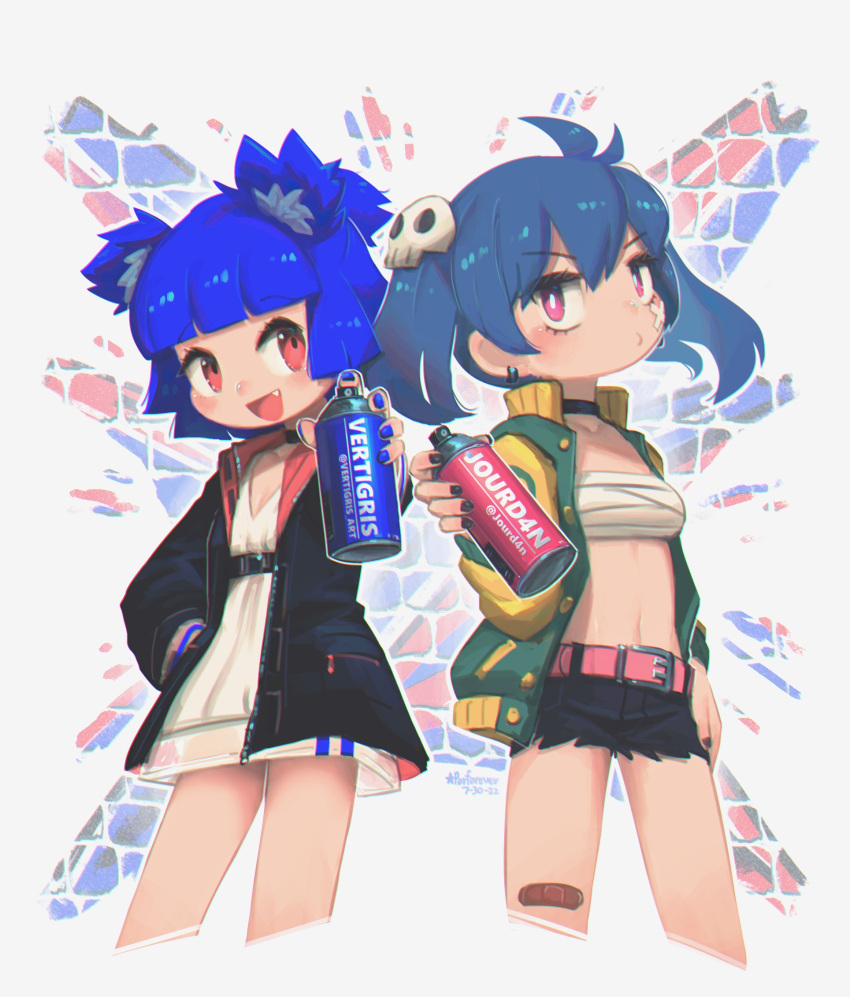 2girls ahoge animal_ears bandaid bandaid_on_cheek bandaid_on_face bear_ears black_jacket black_nails black_shorts blue_hair blue_nails borrowed_character breasts budget_sarashi cropped_legs crossed_bandaids crossover cutoffs dress earrings english_commentary fang fingernails flat_chest green_jacket gris_(vertigris) hair_ornament hand_in_pocket highres holding jacket jewelry ji-yoon_(jourd4n) multiple_girls open_clothes open_jacket original porforever purple_eyes red_eyes sarashi short_dress short_hair short_twintails shorts skull_hair_ornament small_breasts spray_can track_jacket twintails white_dress