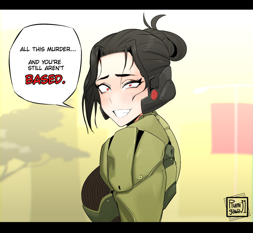 1girl absurdres black_hair constricted_pupils english_commentary english_text evil_grin evil_smile fang folded_ponytail genderswap genderswap_(mtf) green_armor grin hair_pulled_back headset highres looking_at_viewer metal_gear_(series) metal_gear_rising:_revengeance power_armor red_eyes rumi_(rumigawa31) samuel_rodrigues short_hair smile solo updo