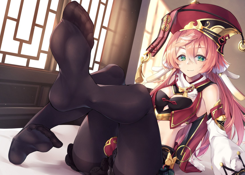 1girl antlers black_shorts breasts cleavage closed_mouth detached_sleeves feet foot_focus foreshortening frilled_shorts frills genshin_impact green_eyes hair_between_eyes hat highres legs_up looking_at_viewer low_twintails no_shoes pantyhose pink_hair shorts sitting small_breasts smile soles solo toes twintails yanfei_(genshin_impact) yuki_kawachi