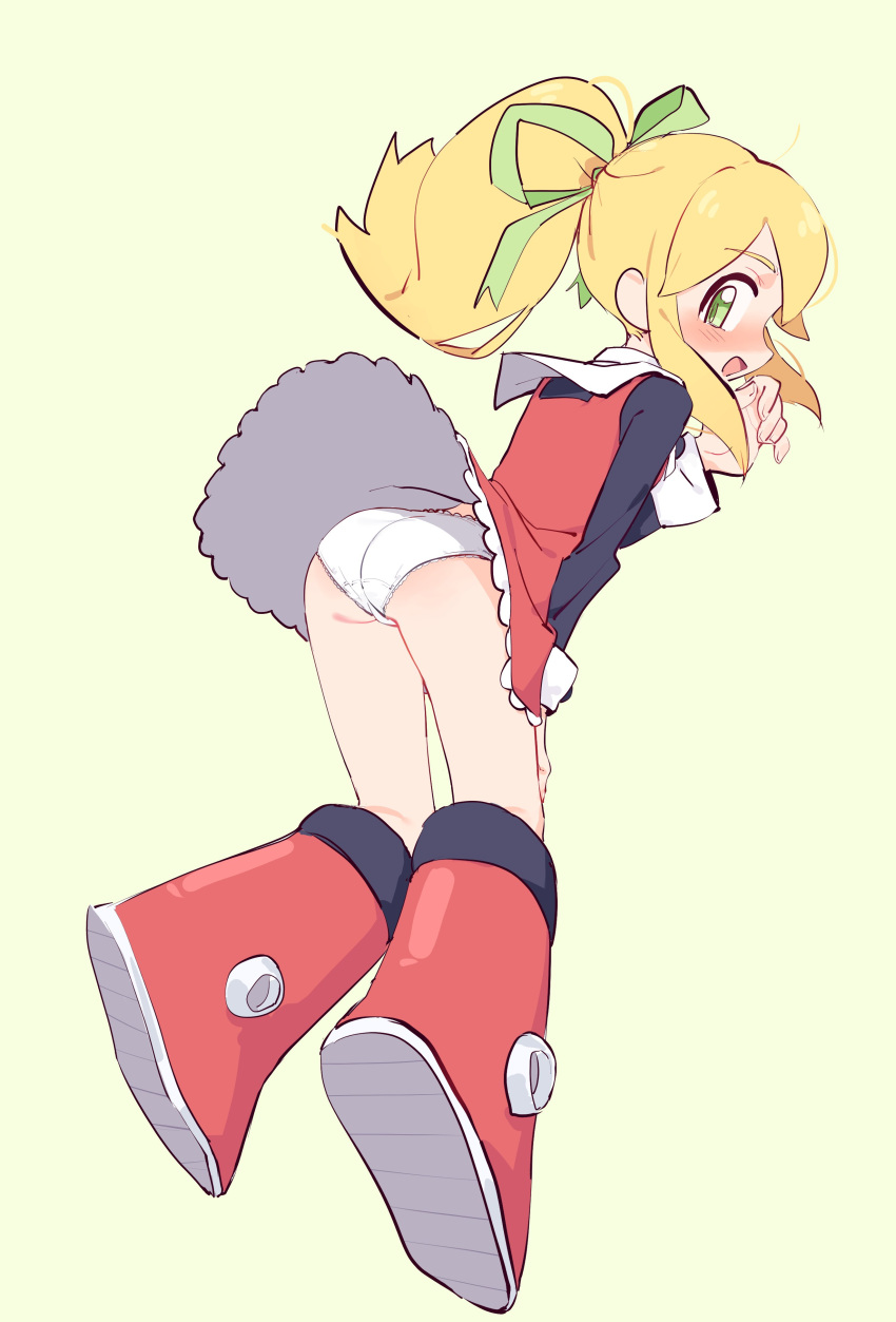 1girl absurdres blonde_hair dress eds green_eyes green_ribbon highres mega_man_(classic) mega_man_(series) panties red_dress ribbon roll_(mega_man) simple_background solo underwear upskirt white_panties